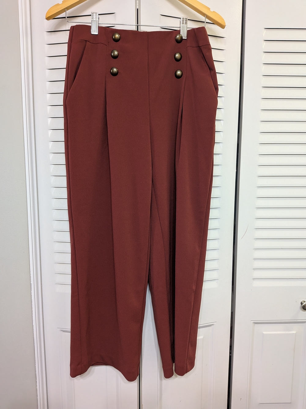 Jules & Leopold Wide-Leg Trousers in Rust Brown with Brass Buttons